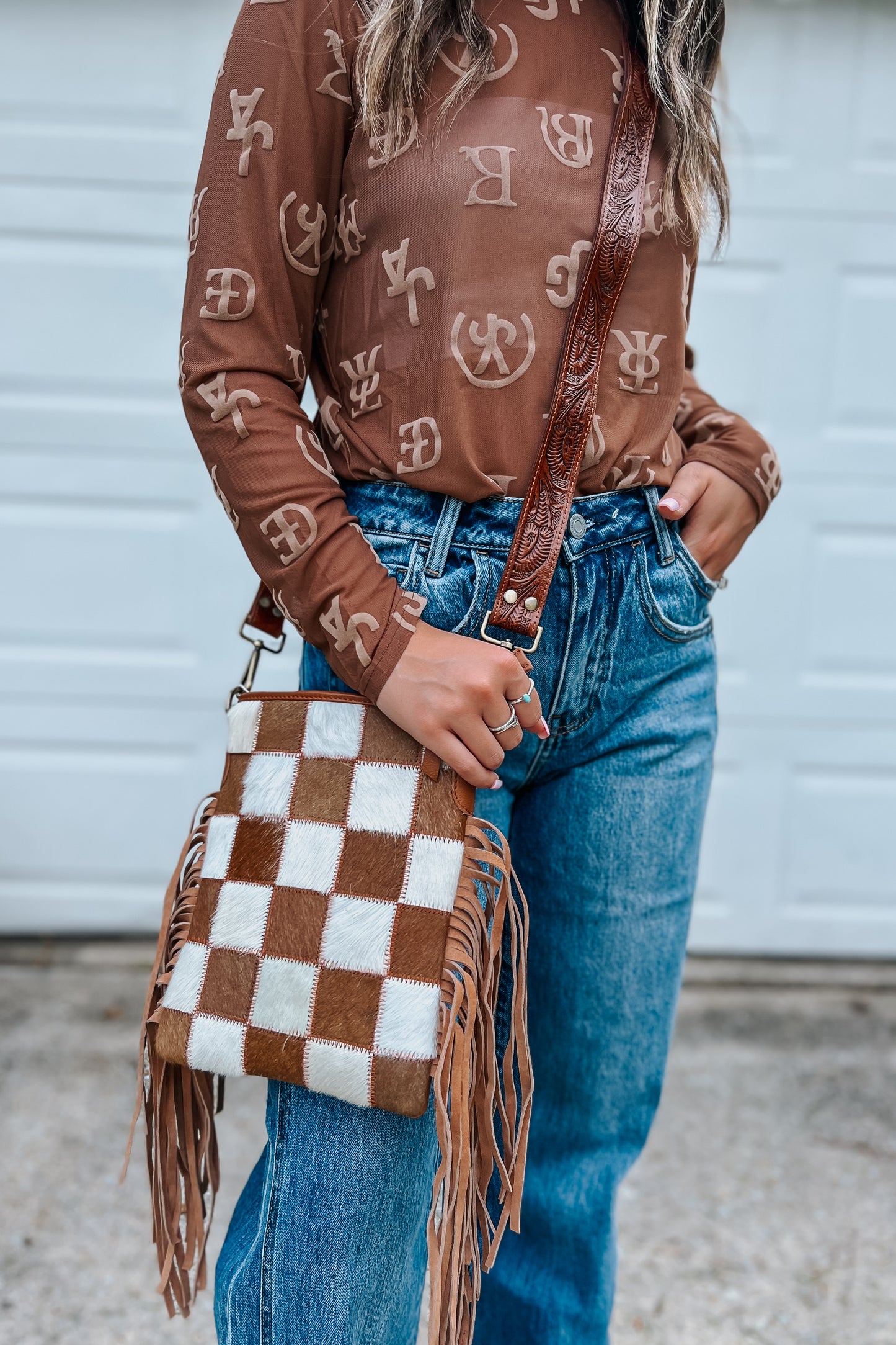 Checkered Cowhide Crossbody | Brown