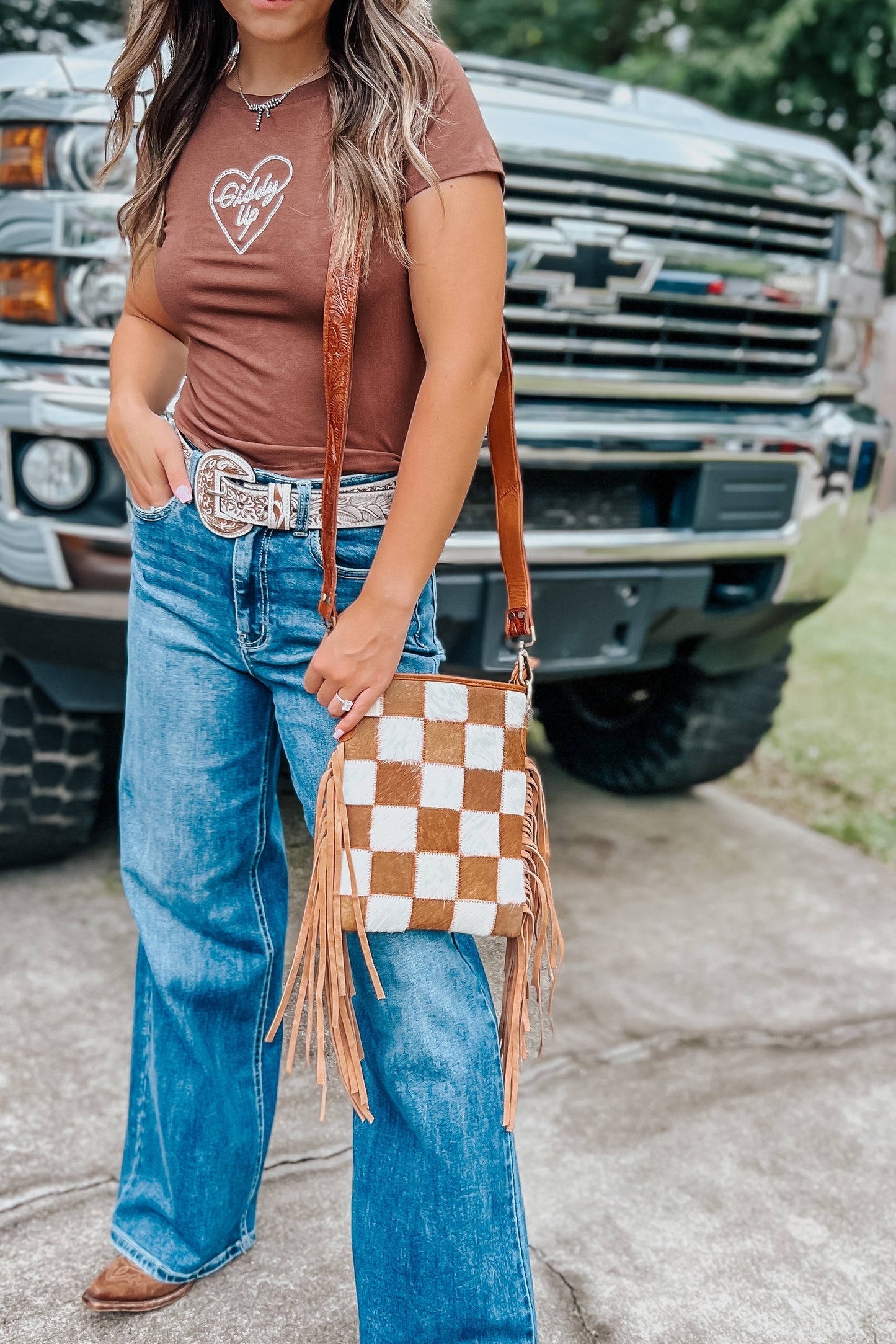 Checkered Cowhide Crossbody | Brown