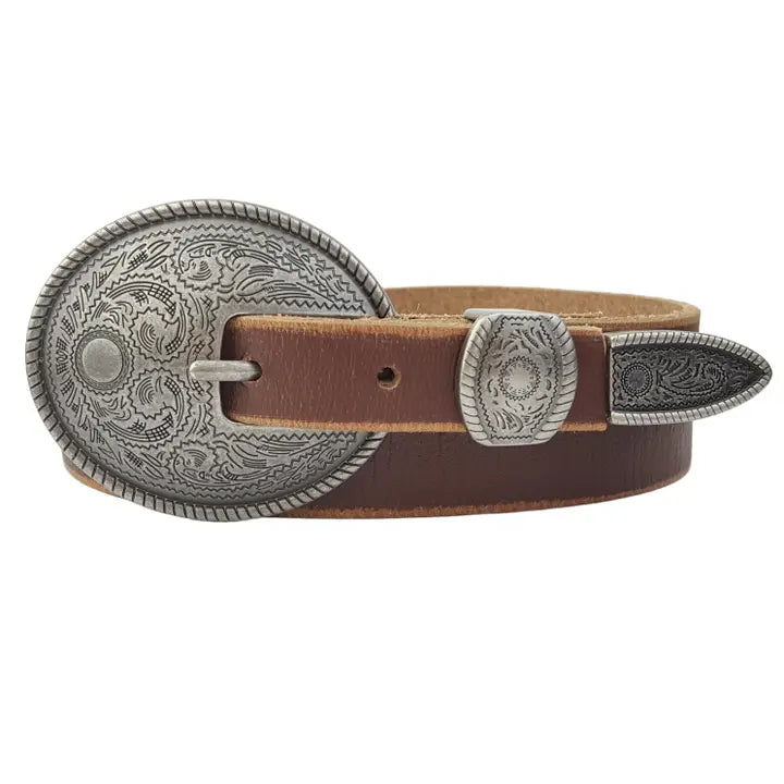Brown leather belt with silver concho on a white background