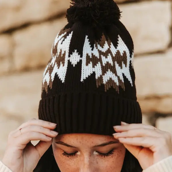Wild West Aztec Pom Beanie | Brown & Black