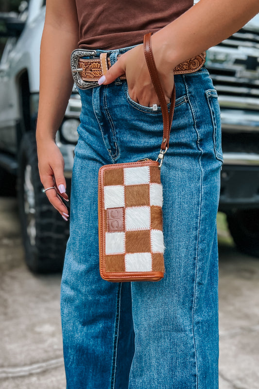 Checkered Cowhide Wristlet | Brown