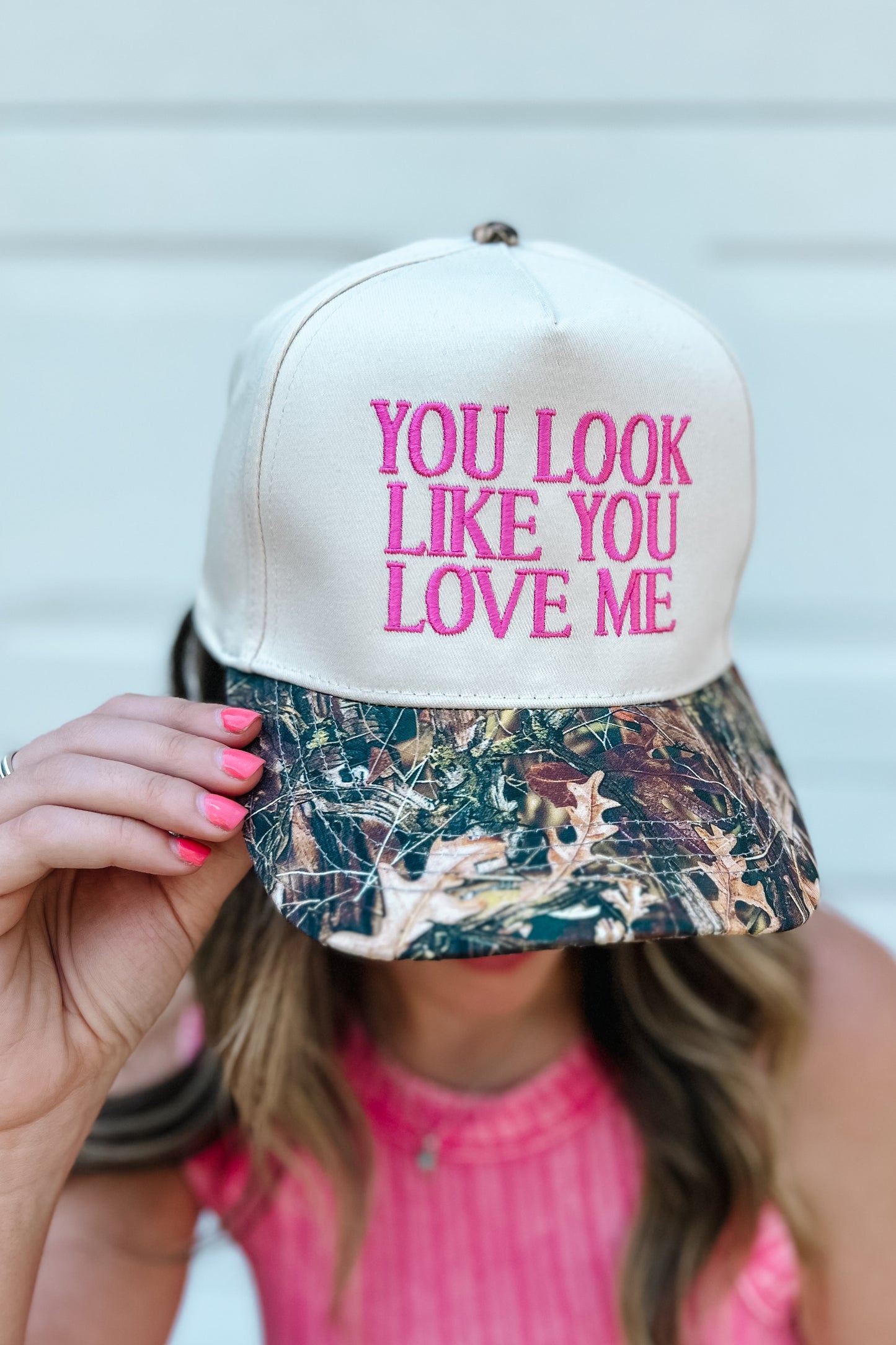 You Look Like You Love Me Camo Trucker Hat | Pink