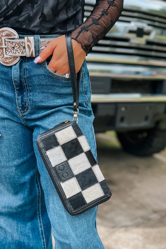 Checkered Cowhide Wristlet | Black