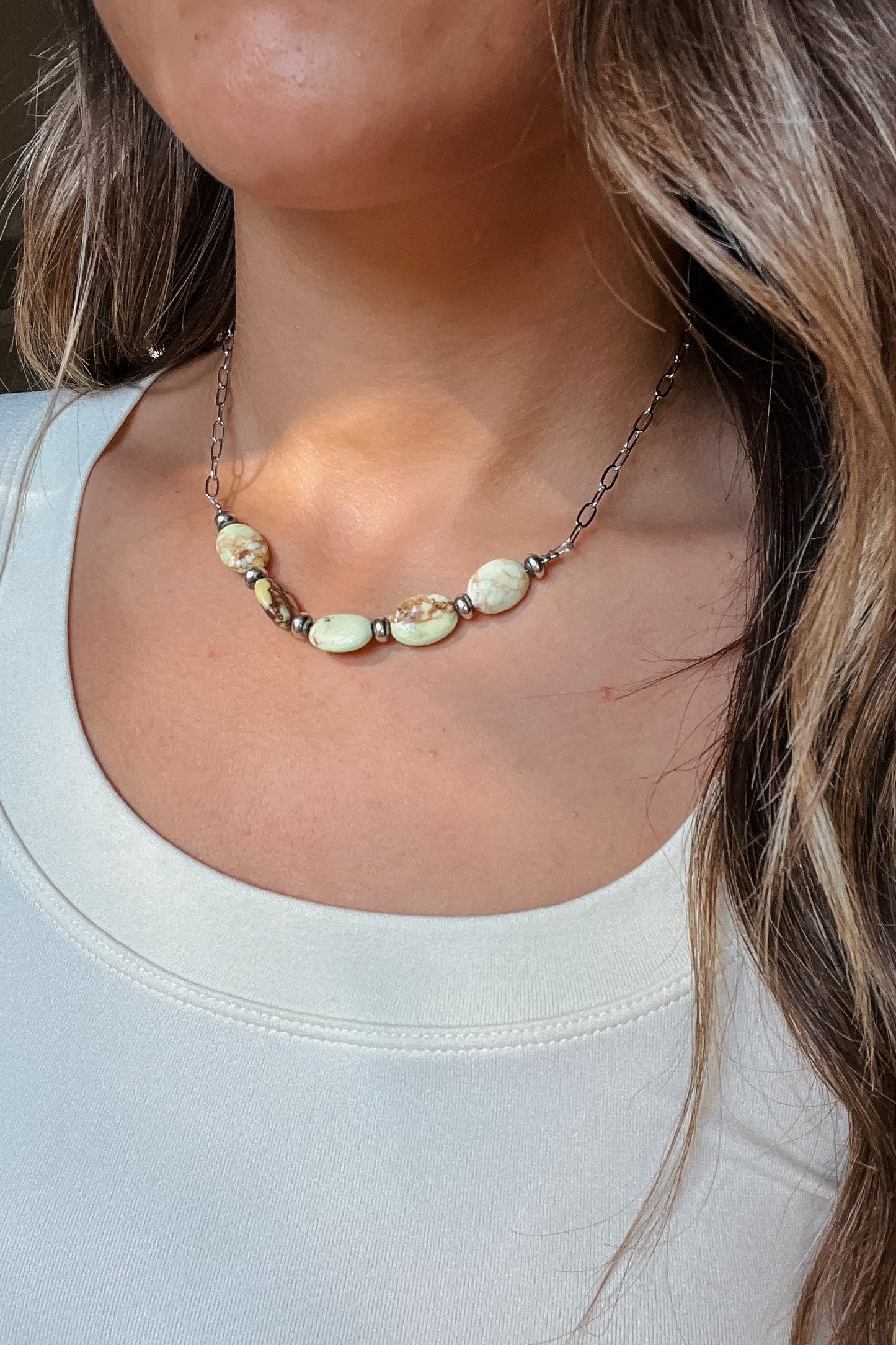 15-Inch Lemon Turquoise & Sterling Saucer Pearl Necklace