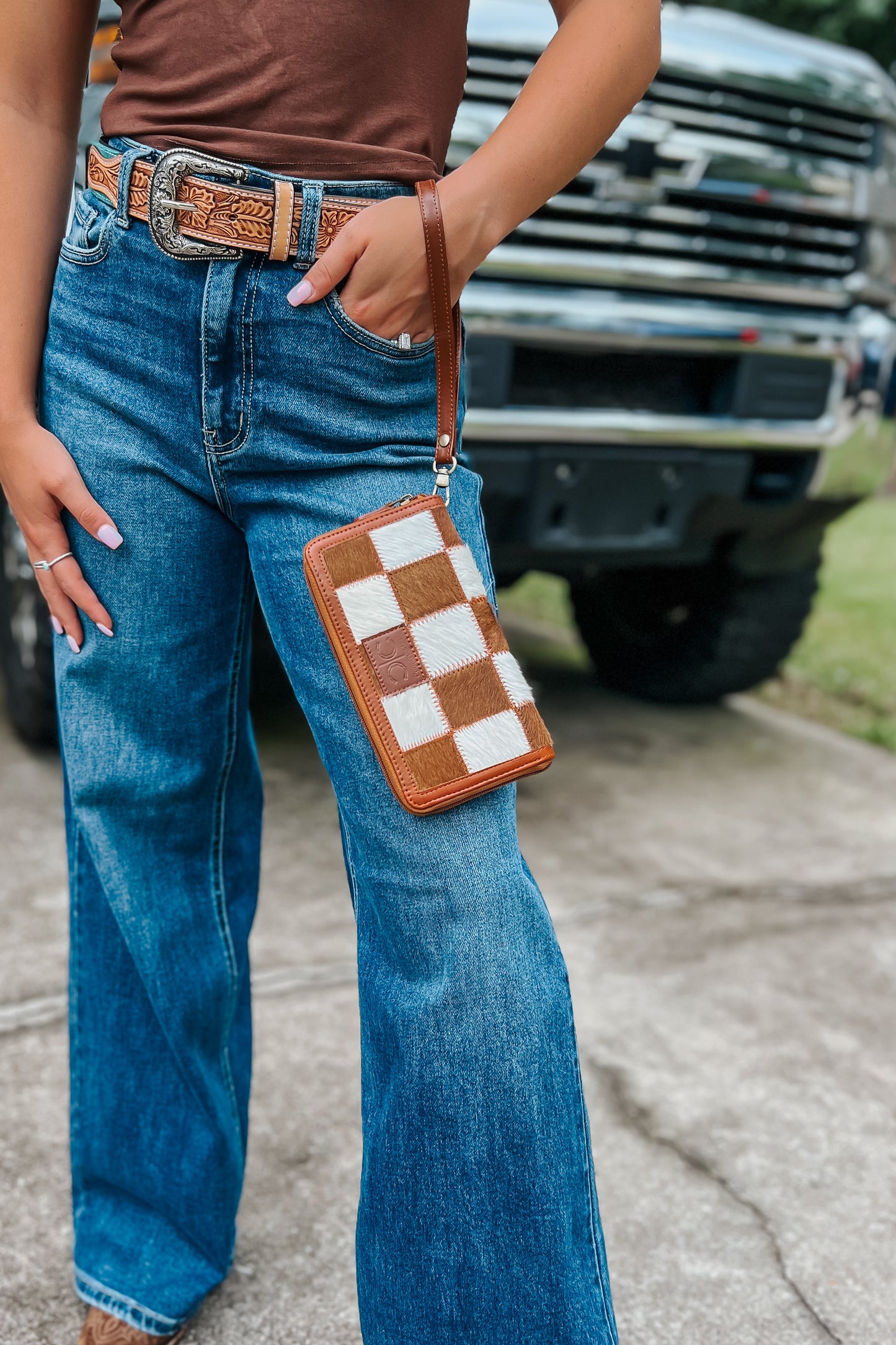 Checkered Cowhide Wristlet | Brown