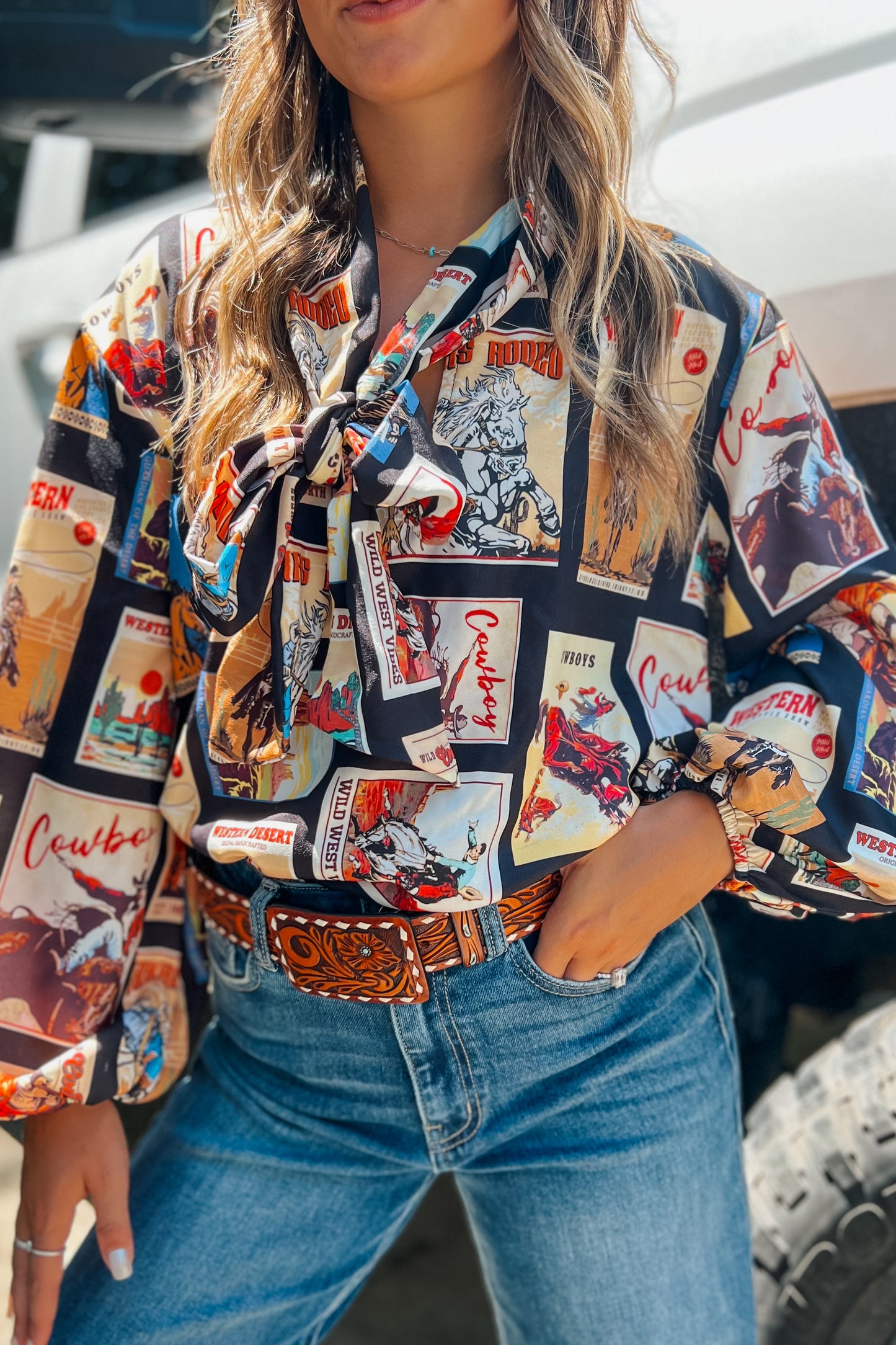 Cowboy Stamp Tie Blouse
