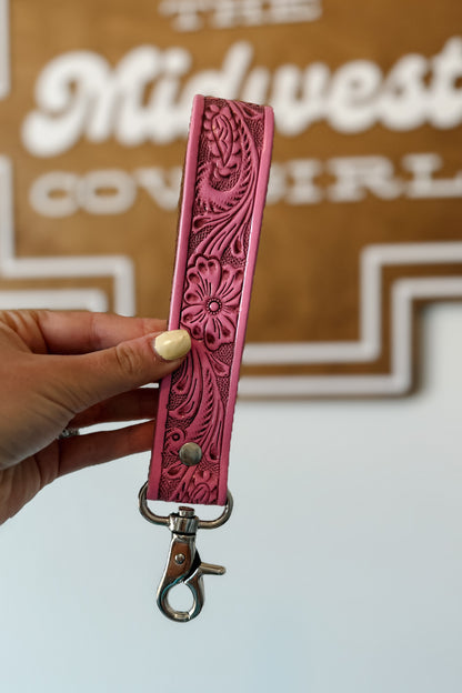 Pink tooled leather wristlet key fob.
