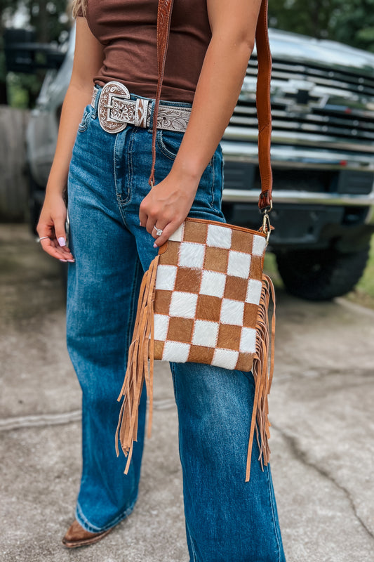 Checkered Cowhide Crossbody | Brown