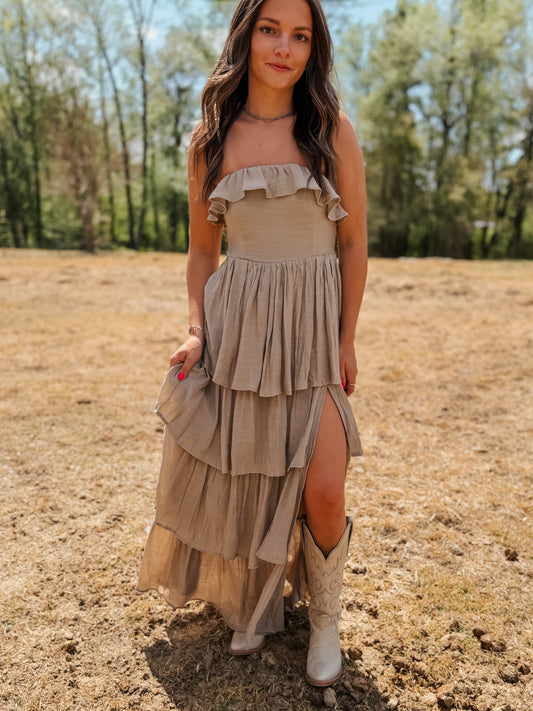 Strapless Ruffle Maxi Dress | Taupe