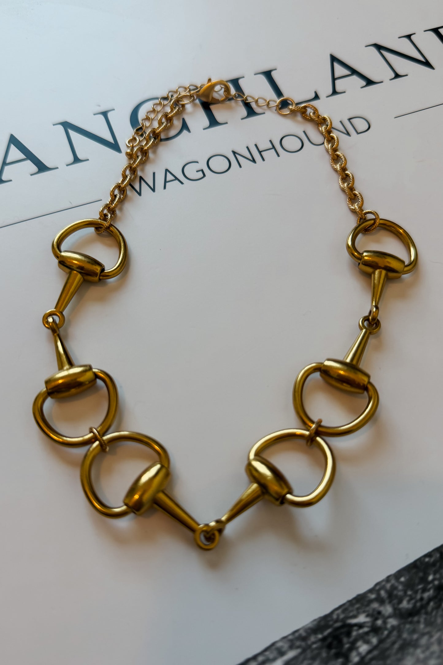 Close-up of gold short necklace featuring a snaffle bit design.