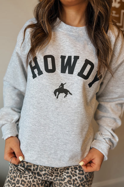 Gray sweatshirt with 'HOWDY' print and silhouette of a person on a horse,