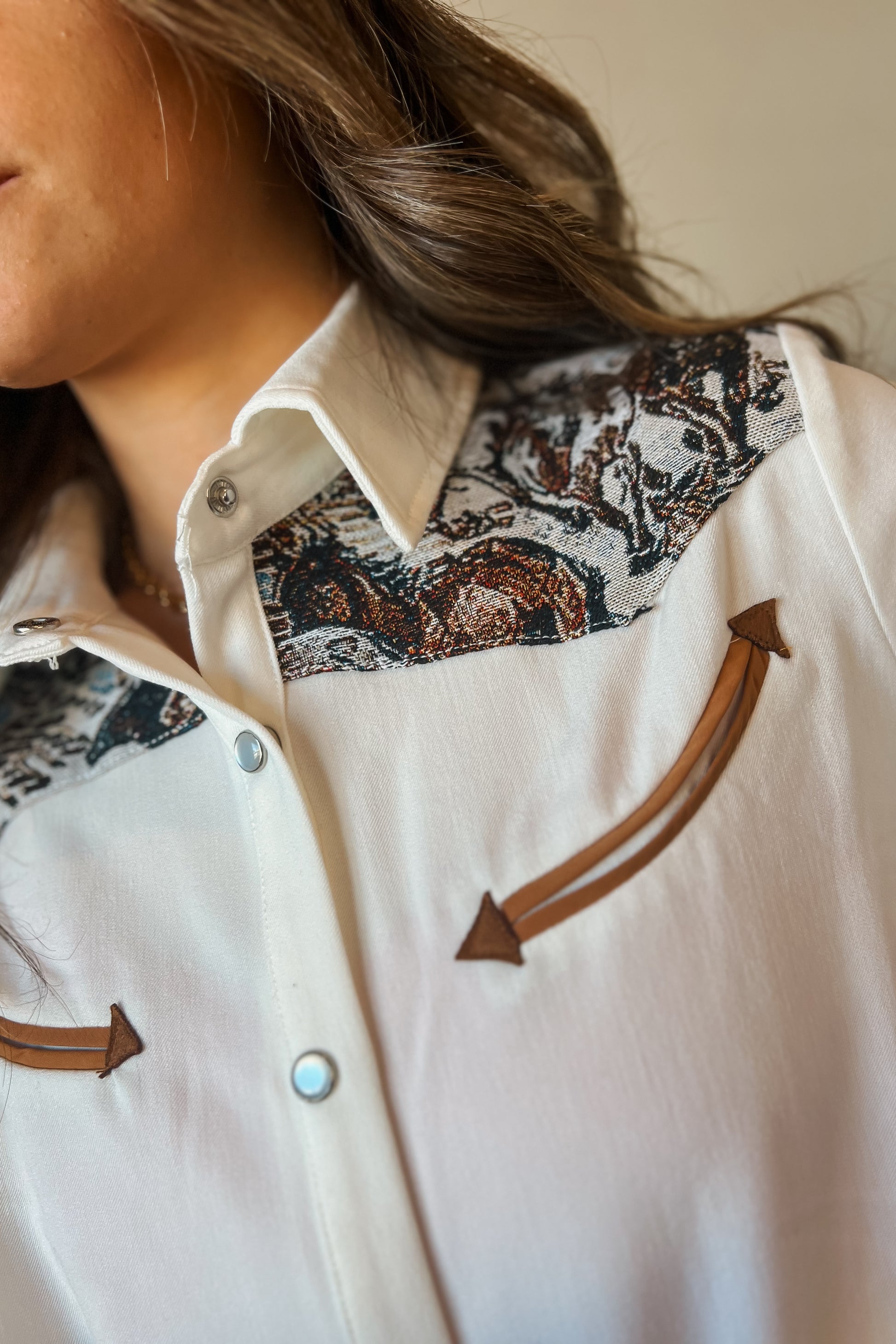 White long sleeve western snap button shirt with contrast southwestern print yoke across the shoulders.