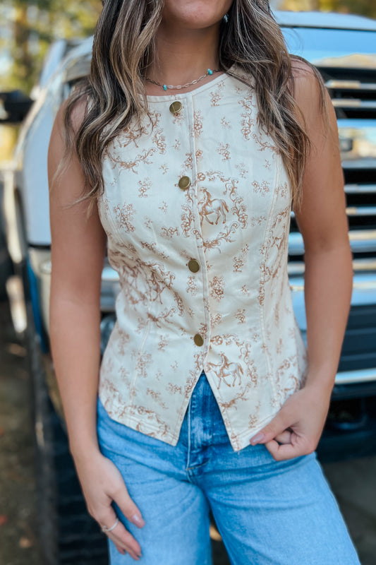 Western print cream and rust button-up vest on model