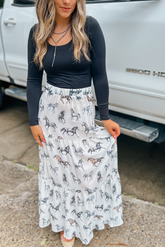 Callie Horse Print Tiered Maxi Skirt
