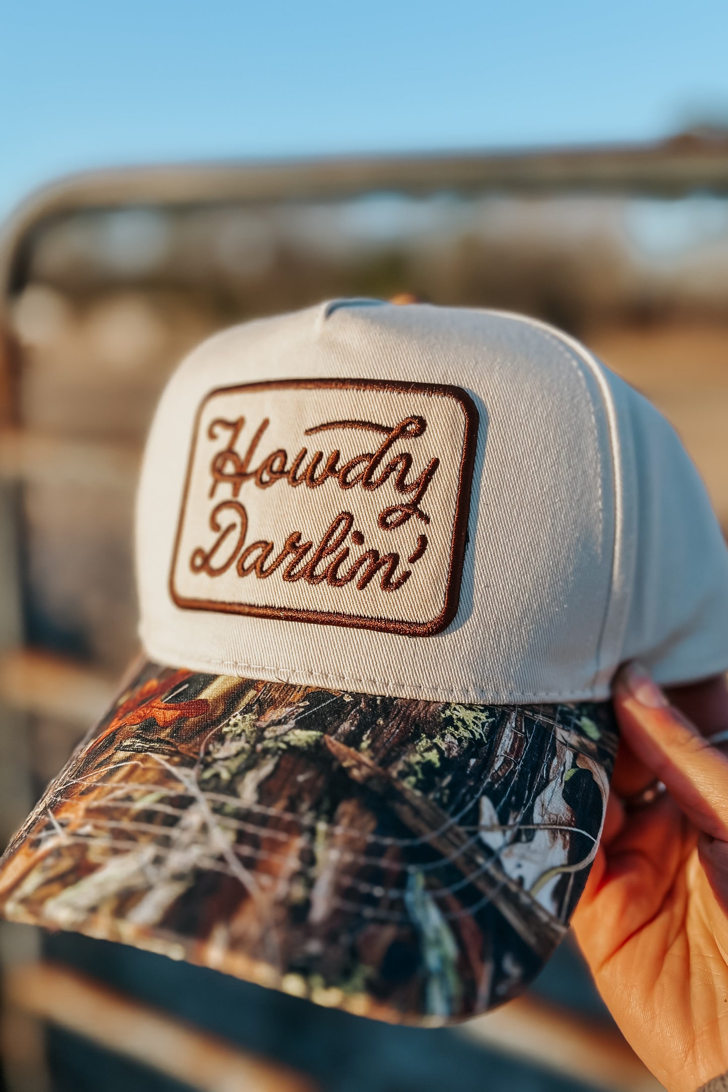 Howdy Darlin’ Trucker Hat | Tan & Camo