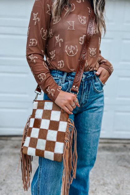 Checkered Cowhide Crossbody | Brown