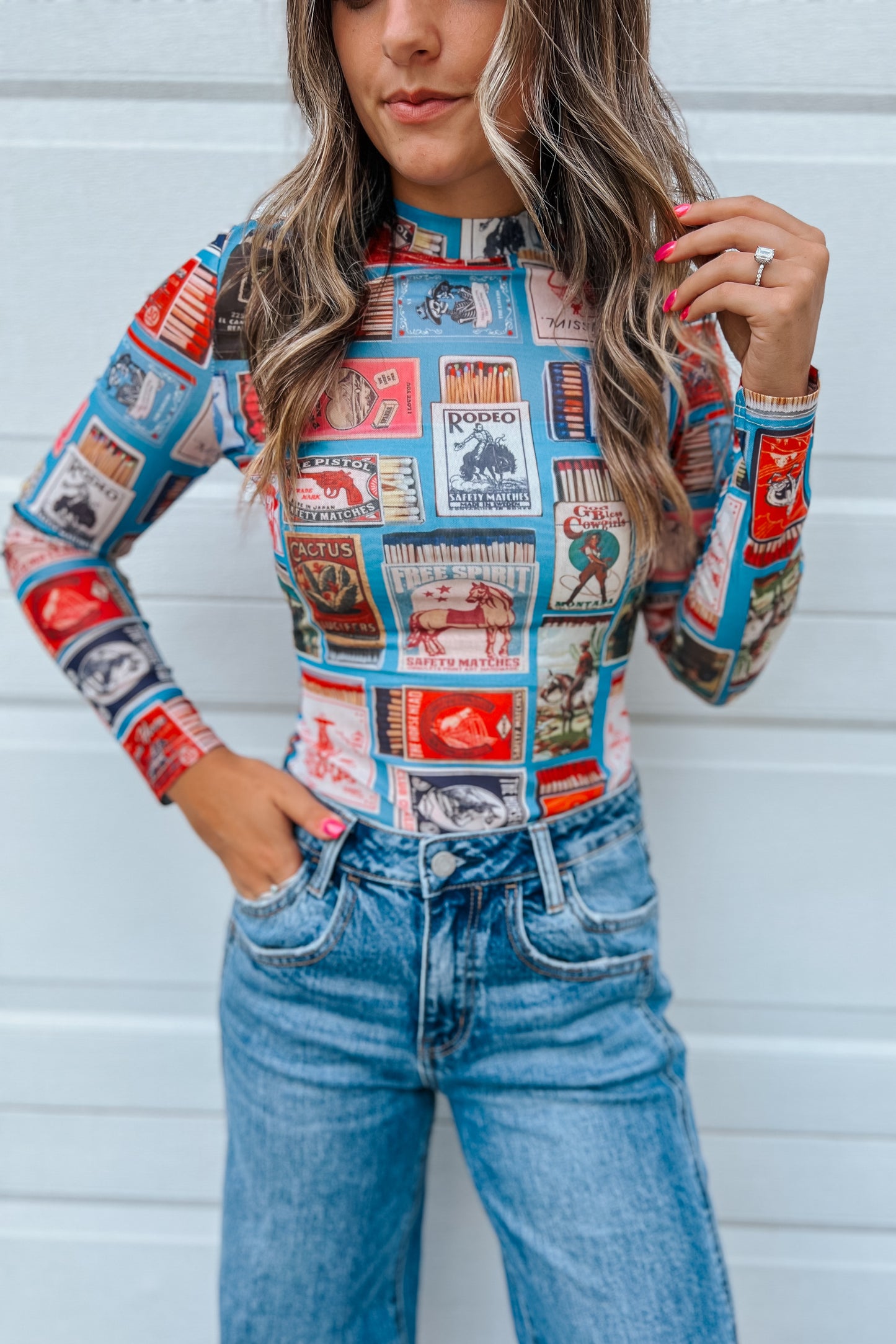 Western Matchbox Collage Mesh Top