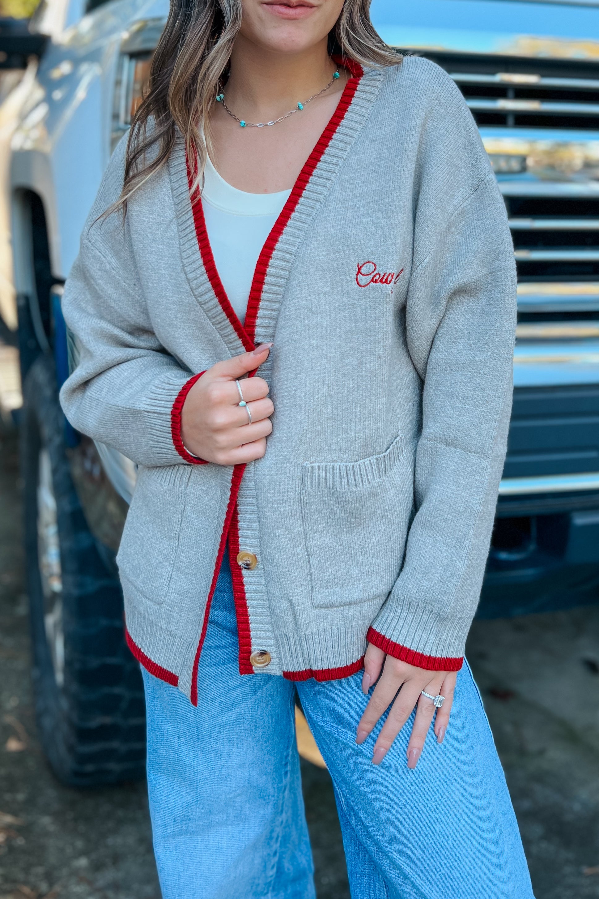 Soft knit grey cowgirl cardigan with cowboy design