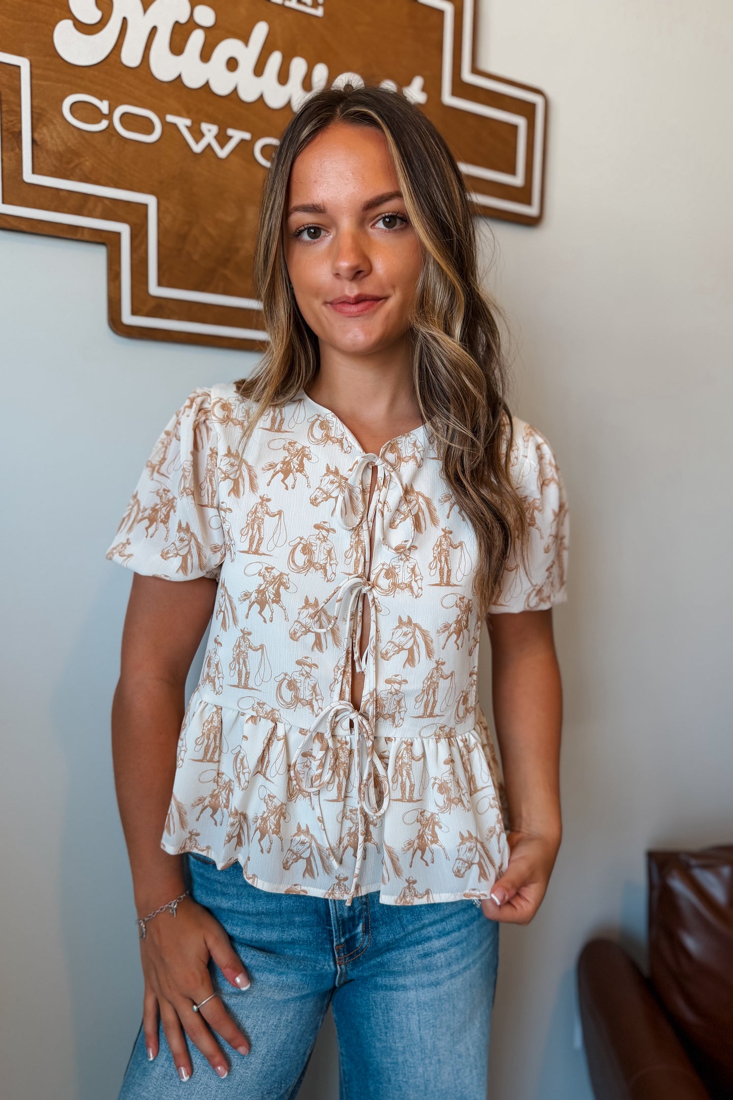 Cowboy Puff Sleeve Tie Top