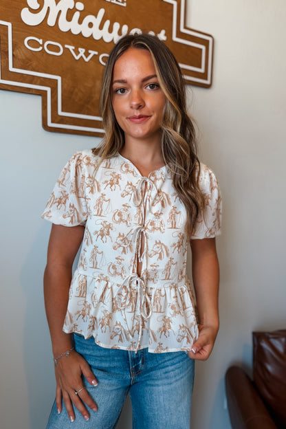 Cowboy Puff Sleeve Tie Top