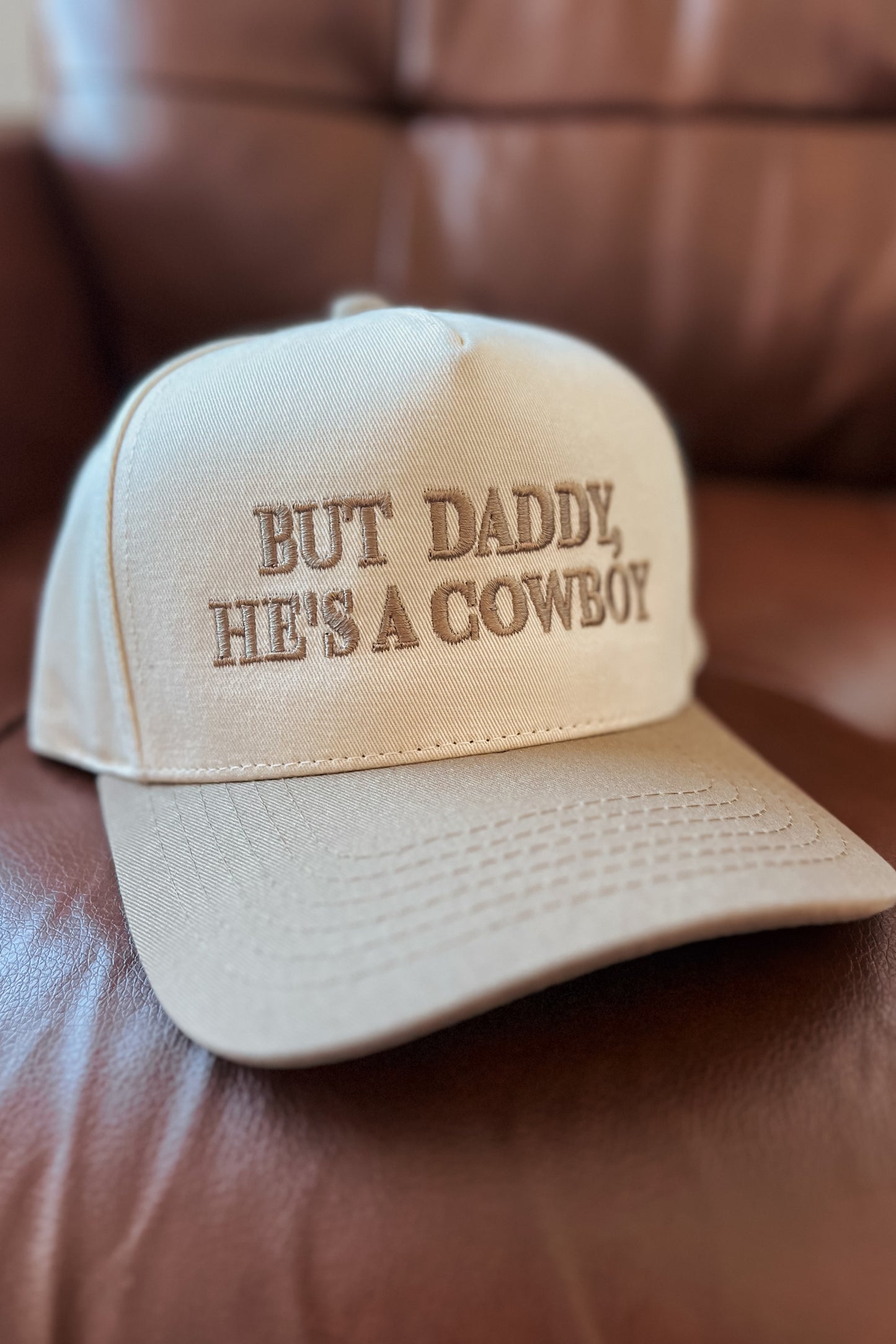 He's A Cowboy Trucker Hat I Beige