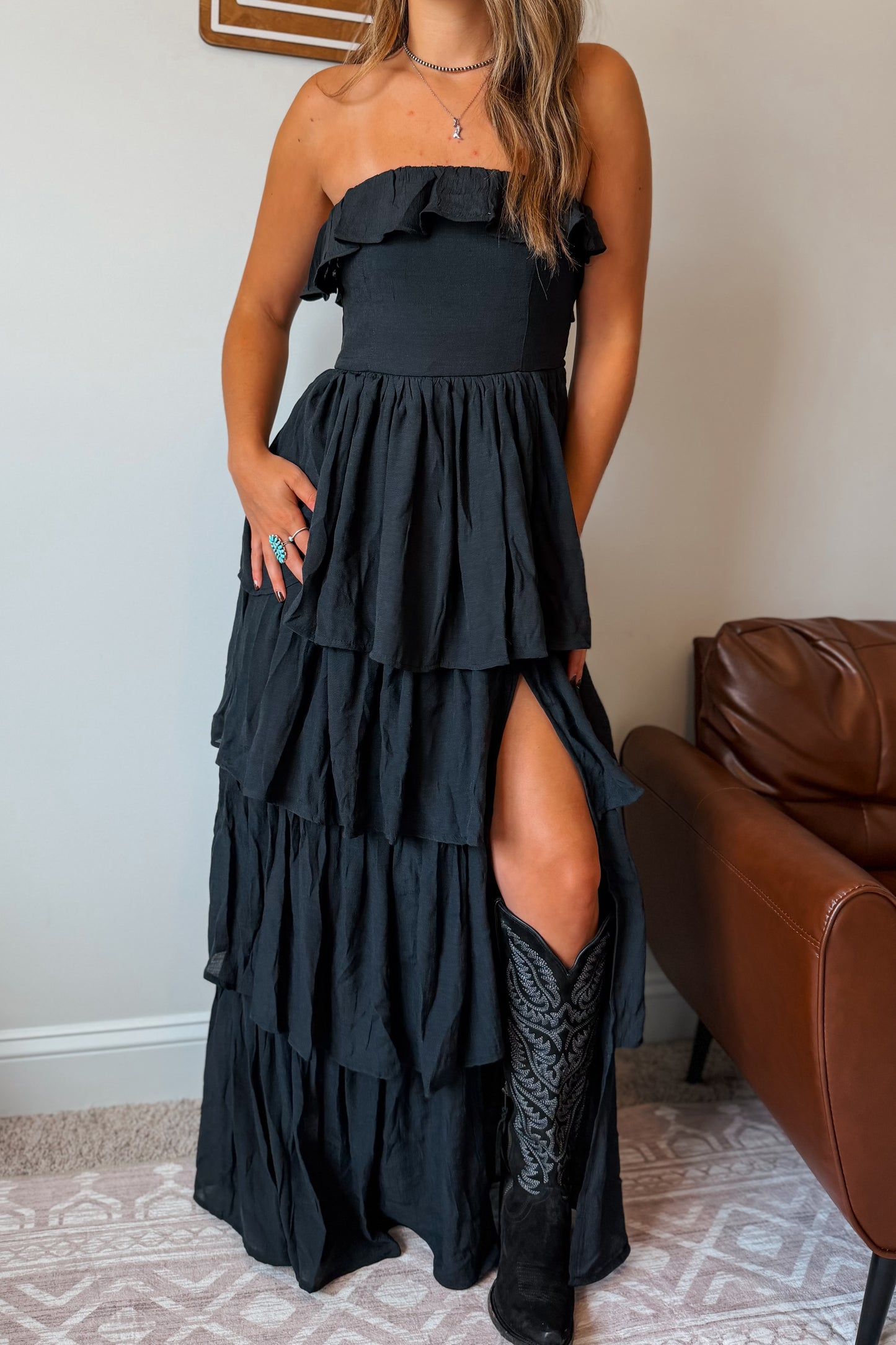 Strapless Ruffle Maxi Dress | Black