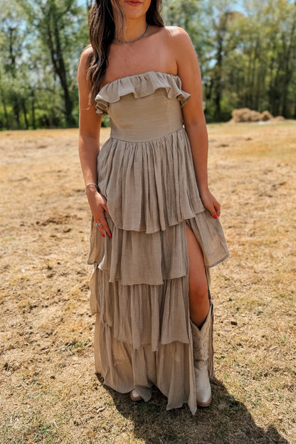 Strapless Ruffle Maxi Dress | Taupe