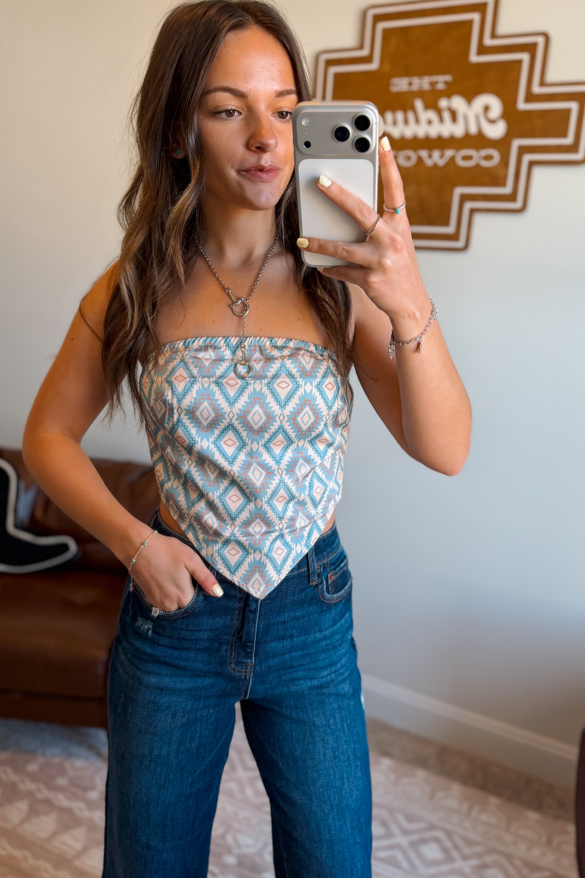 Strapless tube top with multicolor Aztec-inspired bandana front top
