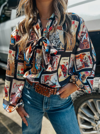 Cowboy Stamp Tie Blouse