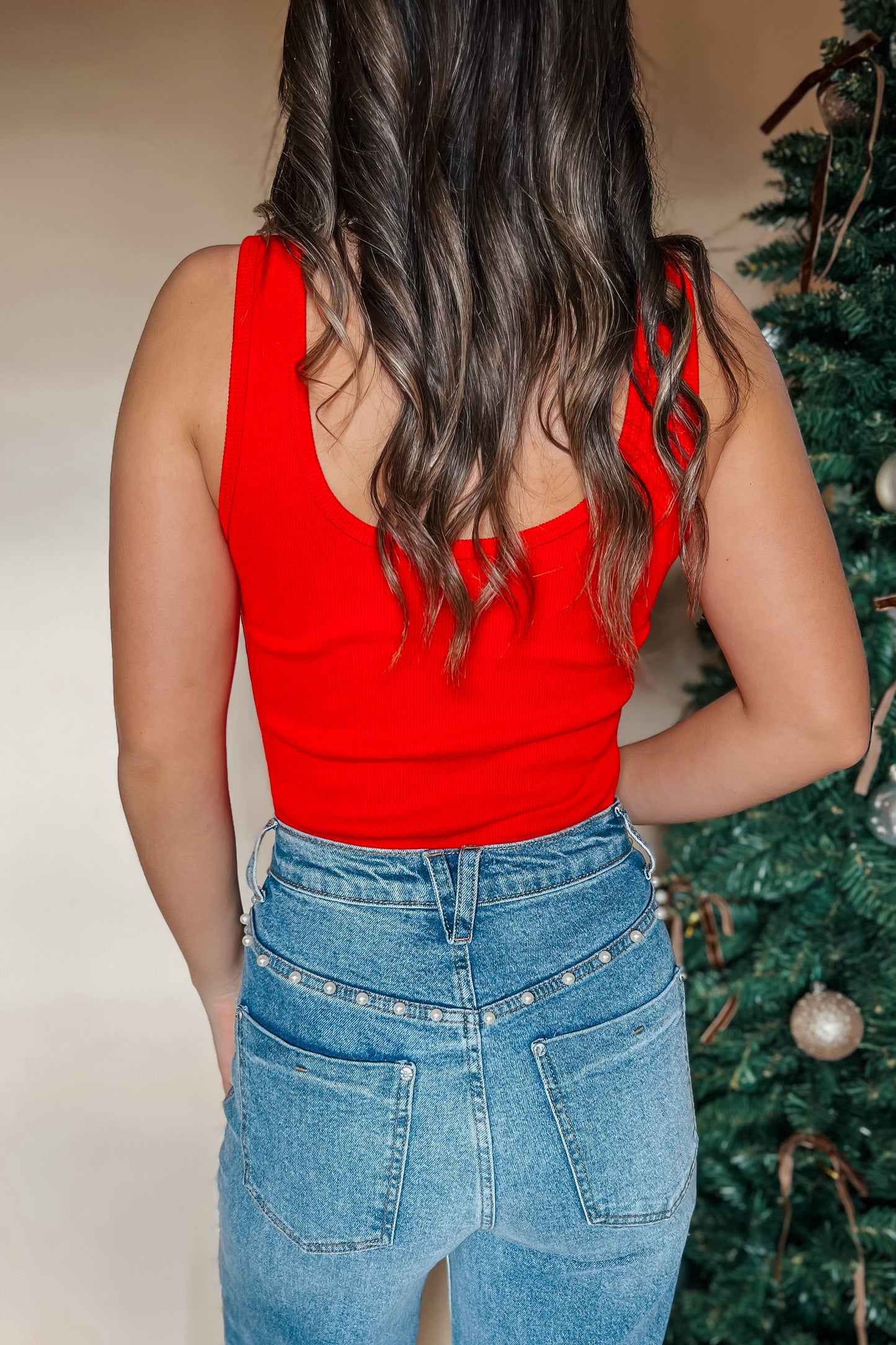 Red Buckle Up Ribbed Bodysuit