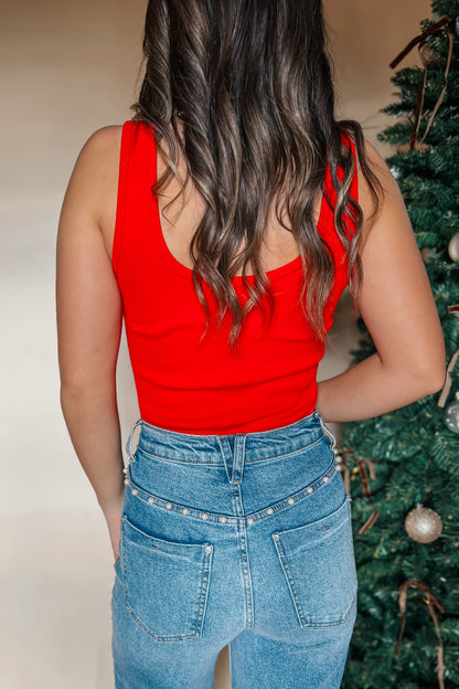 Red Buckle Up Ribbed Bodysuit