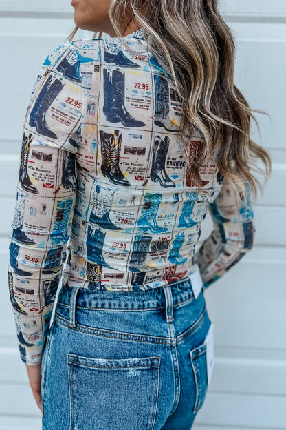 Boot Stamp Collage Mesh Top