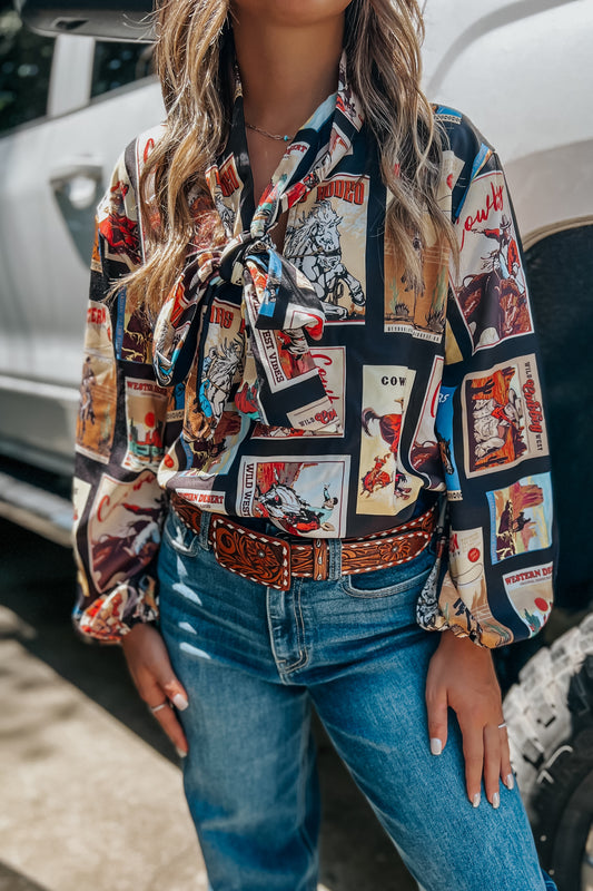 Cowboy Stamp Tie Blouse