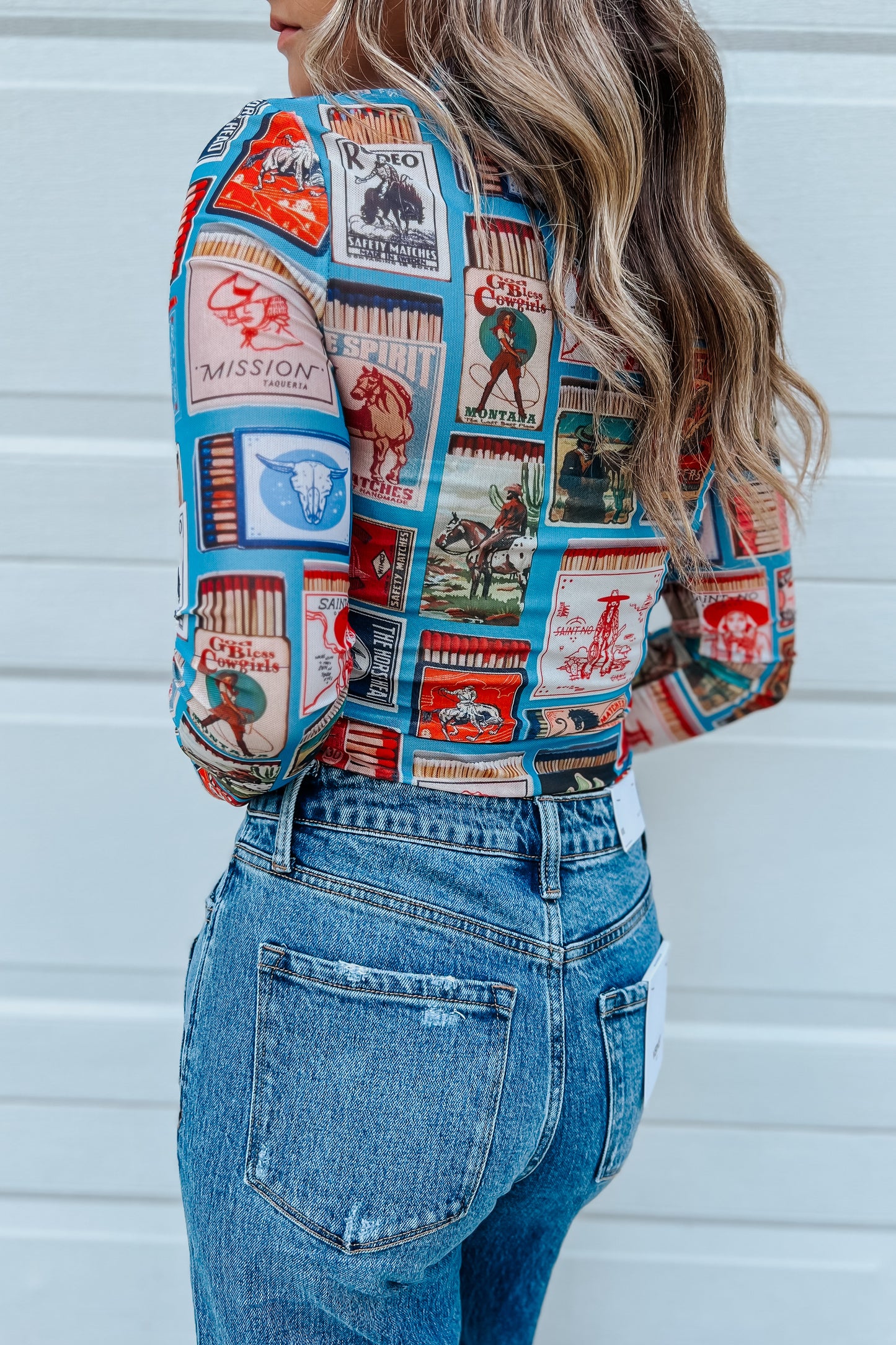 Western Matchbox Collage Mesh Top