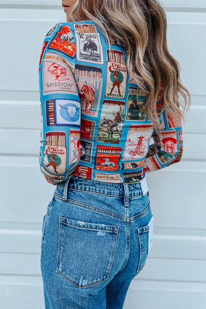 Western Matchbox Collage Mesh Top