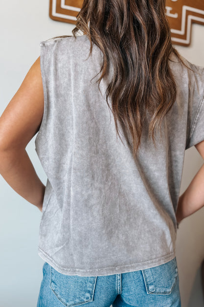 Back view of gray mineral wash muscle tank top.