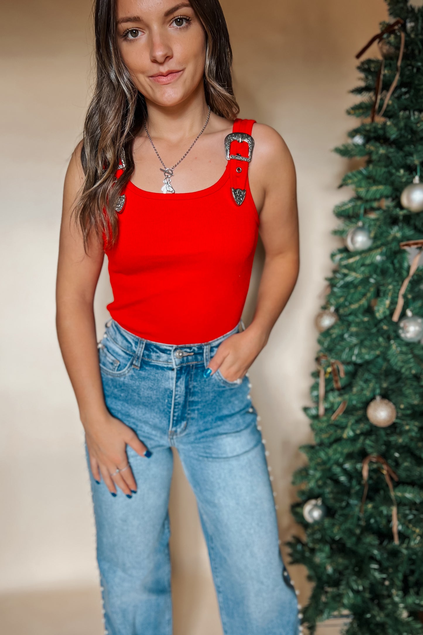 Red Buckle Up Ribbed Bodysuit