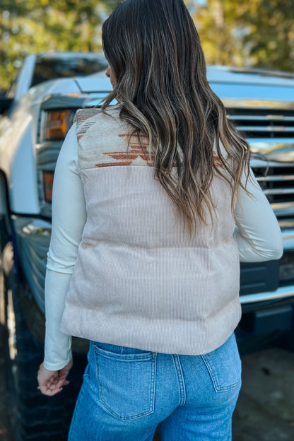 Brown and cream Aztec corduroy vest styled for western fall outfit