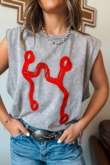 Gray mineral-wash sleeveless muscle tank with red curb bit embroidered on the front.