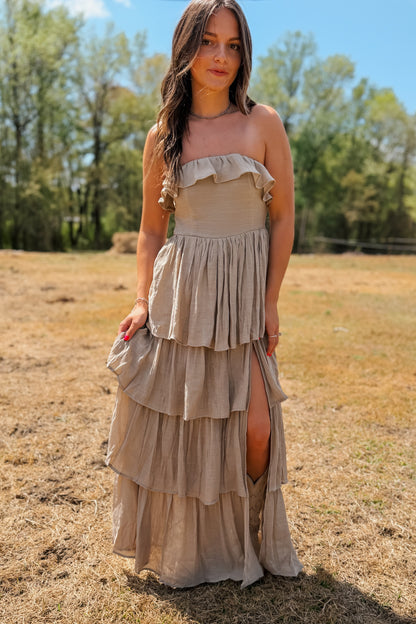 Strapless Ruffle Maxi Dress | Taupe