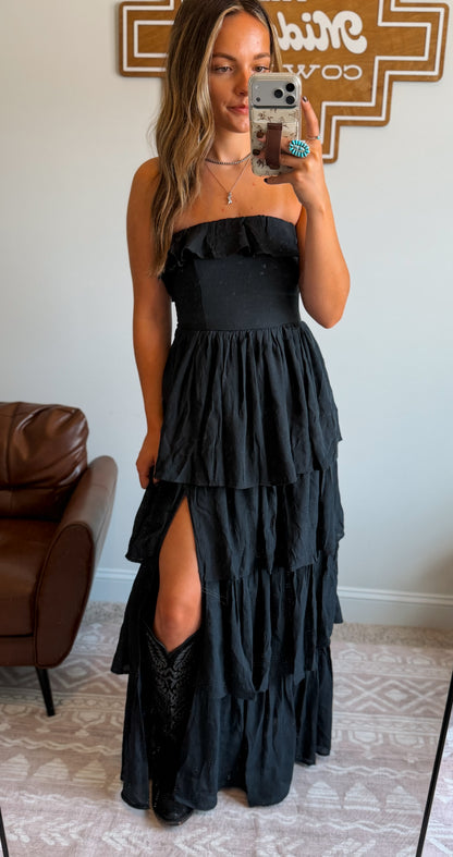 Strapless Ruffle Maxi Dress | Black