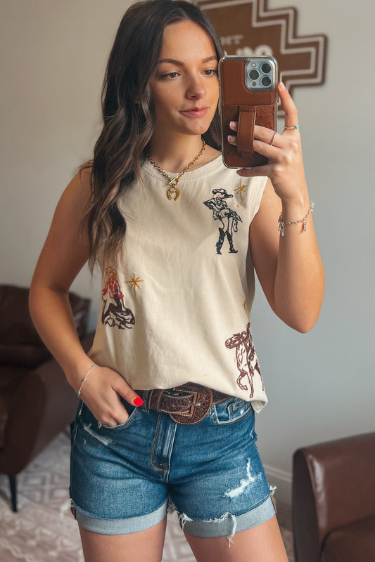 Tan colored tank top with embroidered western detail