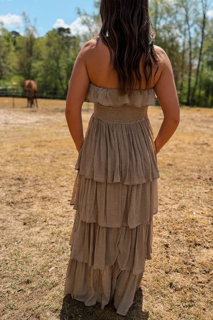 Strapless Ruffle Maxi Dress | Taupe