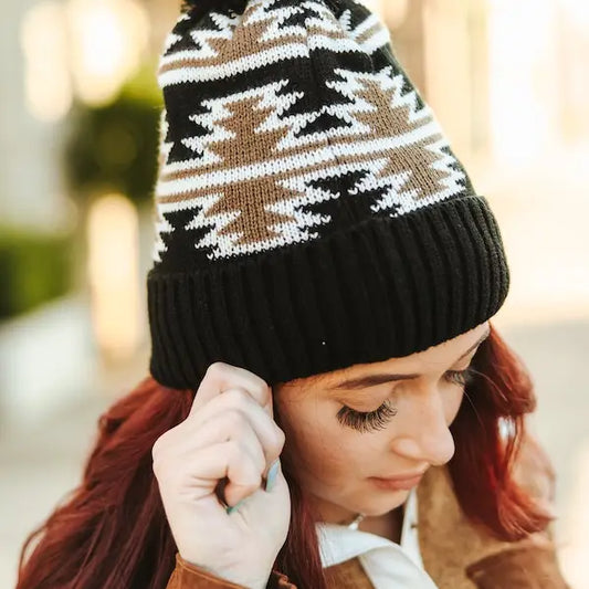 Wild West Aztec Pom Beanie | Brown & Cream