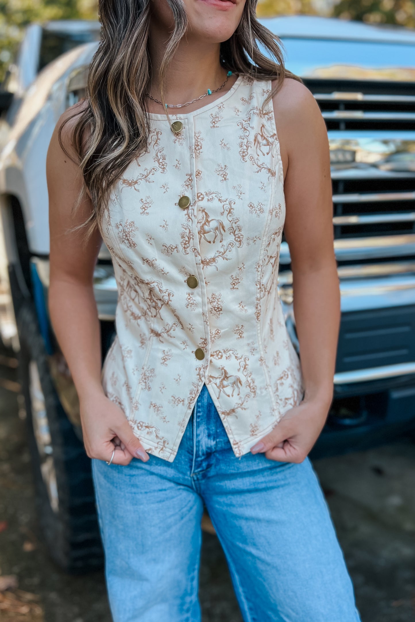 Cream and rust western layering top with button details