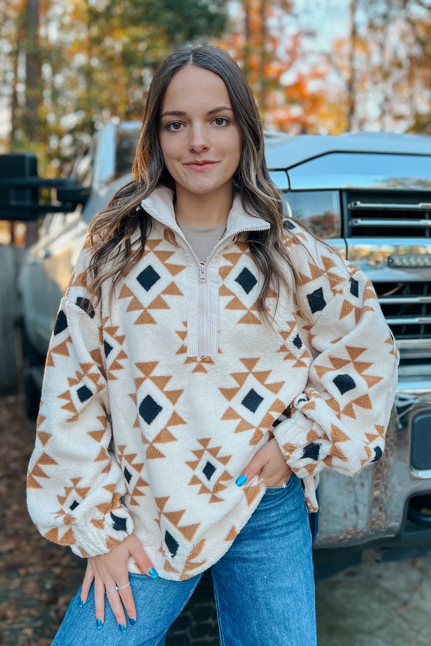 Aztec & Teddy Bear Fleece Sweater | Cream Mix