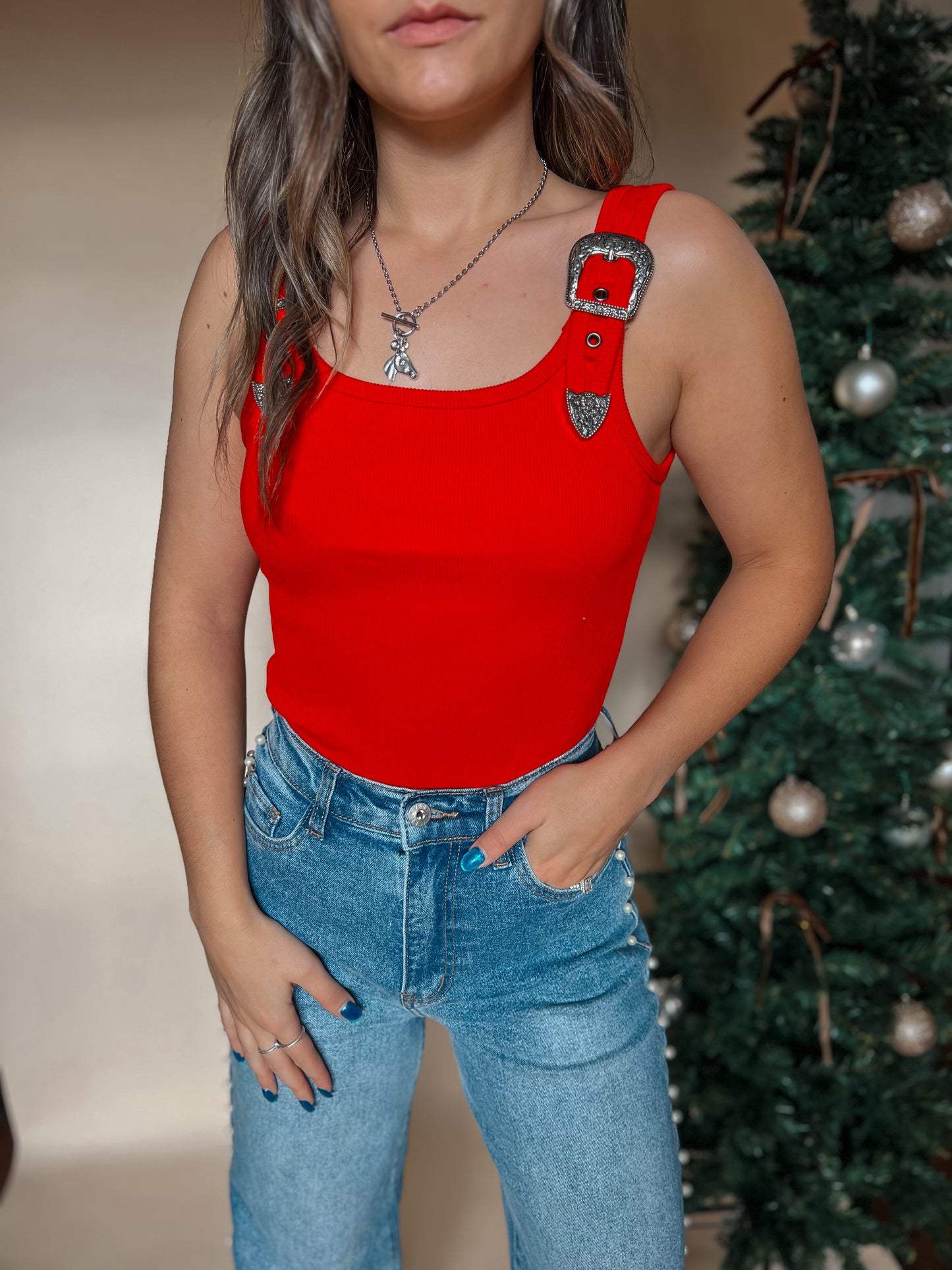 Red Buckle Up Ribbed Bodysuit