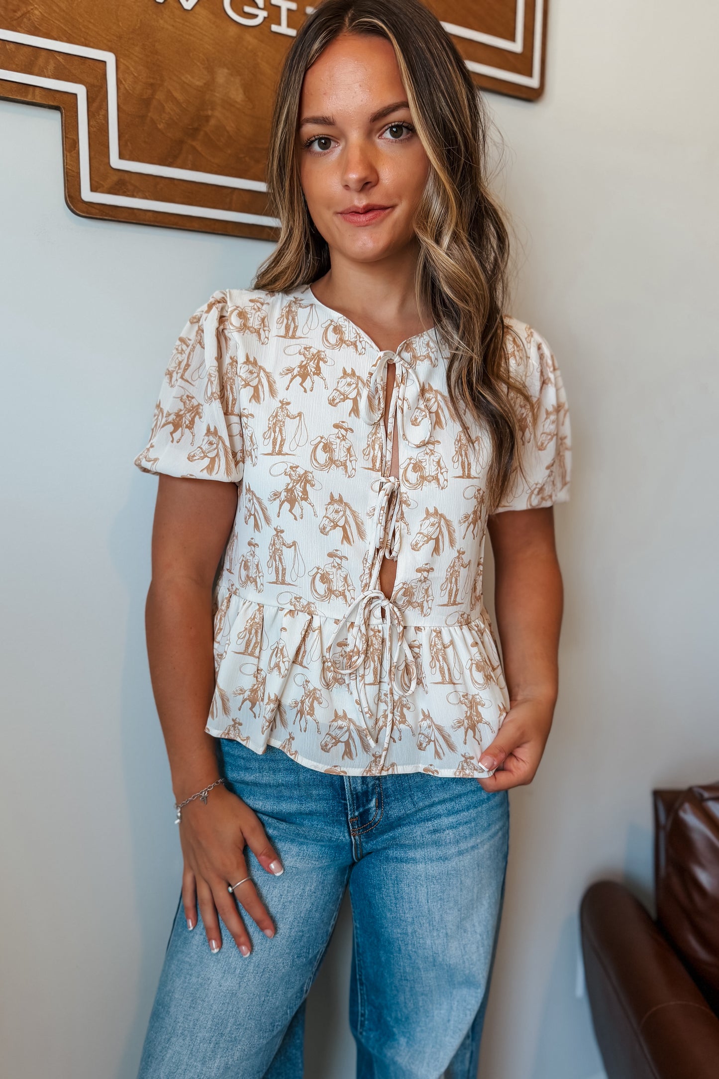 Cowboy Puff Sleeve Tie Top