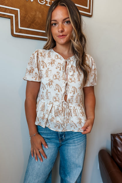 Cowboy Puff Sleeve Tie Top