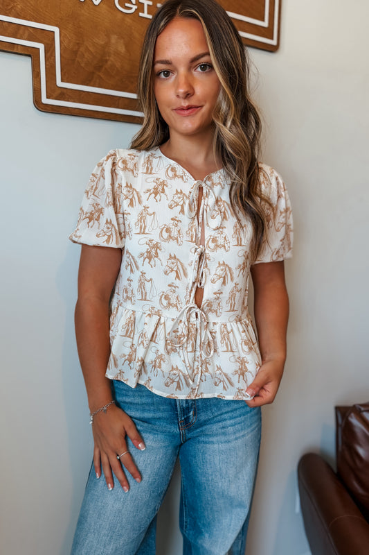 Cowboy Puff Sleeve Tie Top